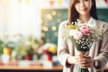 A woman is holding bouquet of flowers in a classroom
