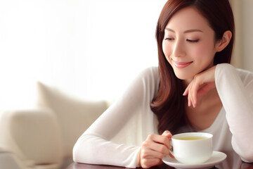 A woman is sitting at a table with white cup of tea in front of her