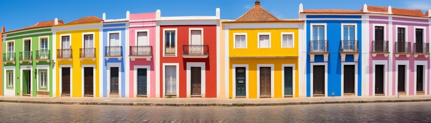 Obraz premium Vibrant Colonial Charm: Colorful Row of Houses Along Cobblestone Street