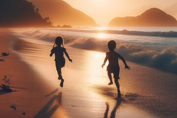 Two children running on the beach at sunset