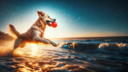 A dog is playing with red ball in ocean