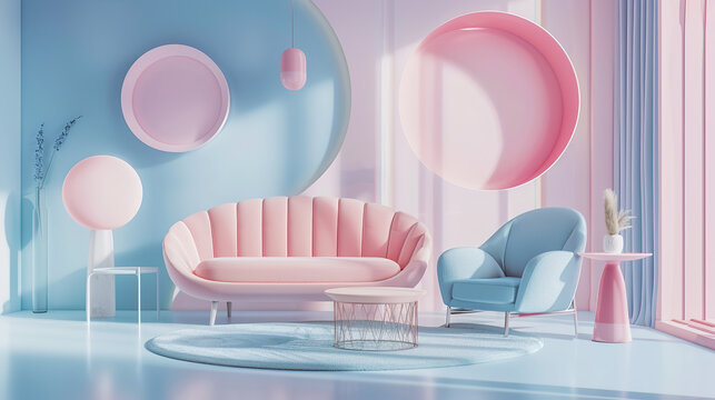 A cute and warm indoor home living room design in the blue and pink color scheme