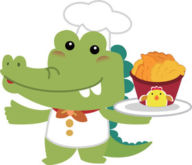 Alligator chef with fried chicken