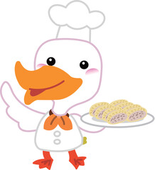 White goose chef with dishes