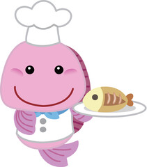 Fish chef with dishes