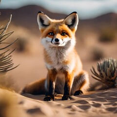 AI generated illustration of a desert fox sitting in a cute way