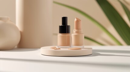  A tight shot of two bottles &ndash; one with a liquid, the other empty &ndash; on a table In the background, a plant adds natural charm A vase with another plant stands promin