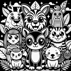 Obraz premium line art, animals cartoon, wallpaper, black and white, ultra HD