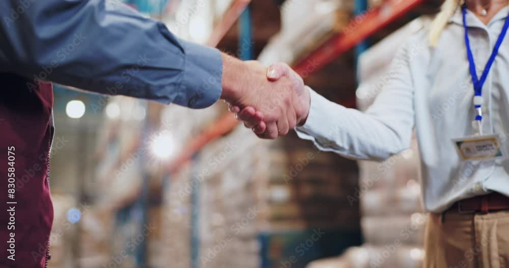 Wall mural Handshake, teamwork and people in warehouse for agreement, freight and deal for supply chain. Logistics officer, factory and management shaking hands for shipping, cargo and service for ecommerce