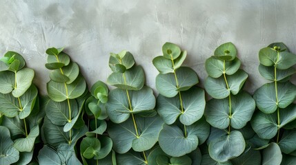 Green eucalyptus leaves with raindrop and dew flat lay top view