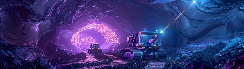 Futuristic Underground Mining Robots Extracting Precious Metals in Neon Illuminated Cavern