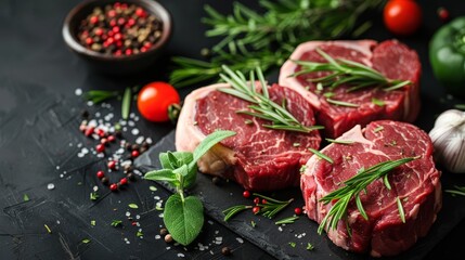  A few steaks resting atop a cutting board, adjacent to a peppercorn-filled bowl and a single peppercorn garnish sprig