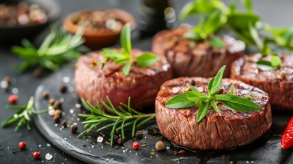  A tight shot of steaks on a plate, garnished with herbs and pepper to one side, and a solitary red pepper on the opposite side
