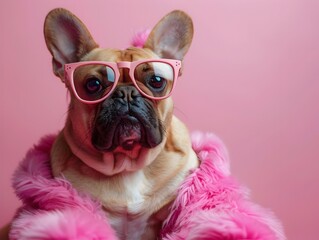 Pug Dog Influencer Posing in Stylish Pink Costume for Social Media Photoshoot