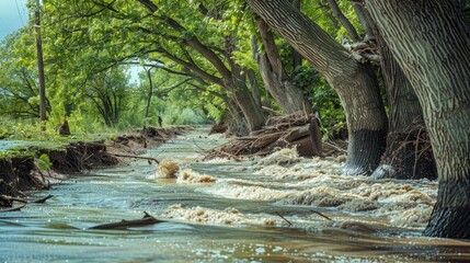 Trees swept away by river during flood a representation for International Day of Forest World Environment Day Natural Disaster