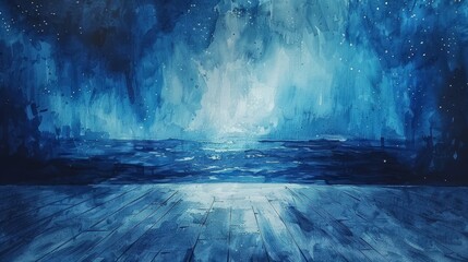 wooden floor, blue sky with stars, large body of water on the right side