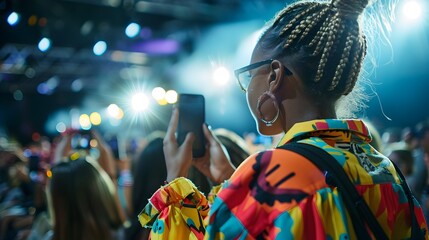 Fashionable Woman at a Lively Musical Event Capturing Moments on Her Smartphone