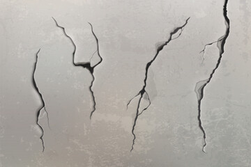 Wall crack texture. Broken ground effect vector. Earthquake on cement floor isolated realistic 3d. Black fracture line or drought land erosion illustration. Old asphalt scratch graphic design