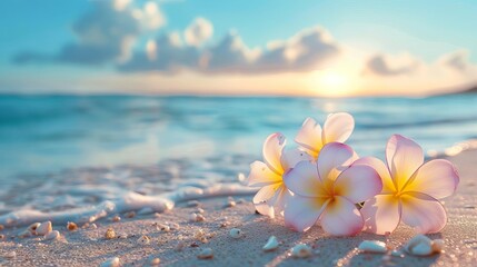 Beautiful frangipani flowers on the beach with blue sky and sea background banner, copy space for text Summer vacation concept