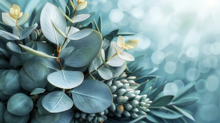  A tight shot of a plant with distinguishable leaves and berries against a softly blurred backdrop of blue and green Light focuses centrally, creating a bright bokeh effect