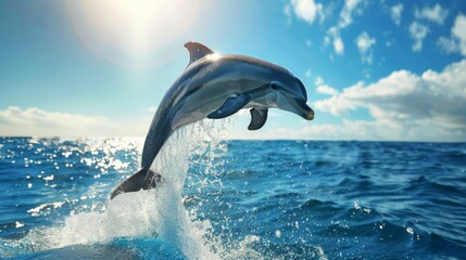 Fototapeta premium A bottlenose dolphin leaps out of the water in a stunning display of grace and agility. AI.