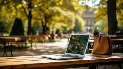 A laptop and a leather bag on a wooden table in a park. AI. - Powered by Adobe
