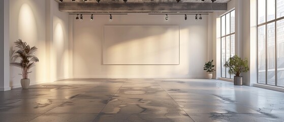 An empty gallery space with blank walls and adjustable track lighting, perfect for showcasing artwork or photography exhibitions