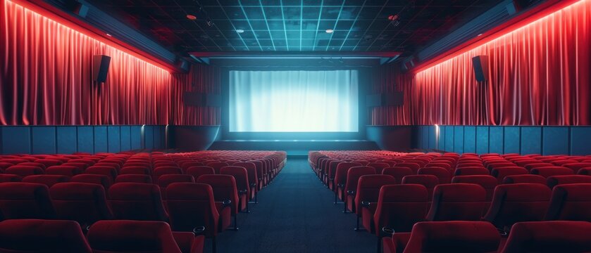 An empty movie theater screen before a blockbuster premiere, waiting to captivate audiences with its visual splendor