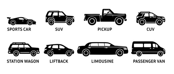 Sports car, SUV, pickup, CUV, station wagon, liftback, limousine, passenger van, transport vehicle side view silhouette black filled vector Illustration icon.