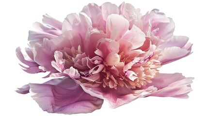 Exquisite peony with lush, layered petals in shades of pink, floating on air, white background, showcasing its luxurious and elegant appeal