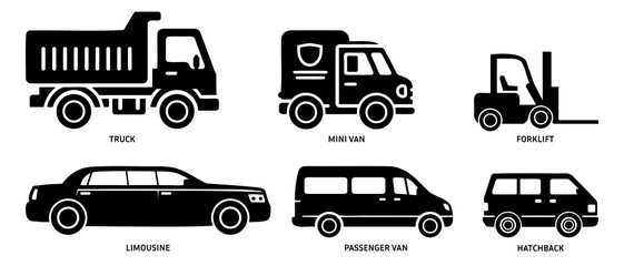 Truck, mini van, forklift, limousine, passenger van, hatch back, transport vehicle side view silhouette black filled vector Illustration icon.