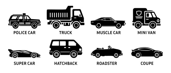 Police car, truck, muscle car, mini van, super car, hatch back, roadster, coupe, transport vehicle side view silhouette black filled vector Illustration icon. © iamabduss