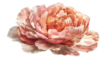 Exquisite peony with lush, layered petals in shades of pink, floating on air, white background, showcasing its luxurious and elegant appeal