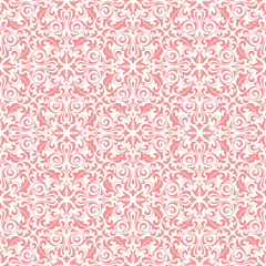 Floral pattern. Vintage wallpaper in the Baroque style. Seamless vector background. White and pink ornament for fabric, wallpaper, packaging. Ornate Damask flower ornament
