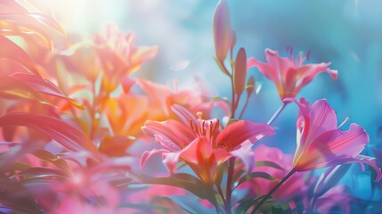 Fototapeta premium Lilies in bloom on pastel background, close up, focus on, vibrant and appealing colors, Double exposure silhouette with garden scene