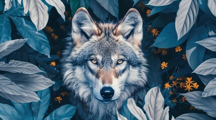 A wolf in the jungle, surrounded by leaves and flowers, in dark shades of blue and gray.