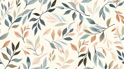Seamless pattern of hand-drawn pastel leaves and floral branches, perfect for a gentle and artistic botanical theme