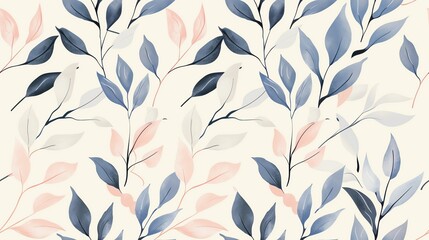 Seamless pattern of hand-drawn pastel leaves and floral branches, perfect for a gentle and artistic botanical theme