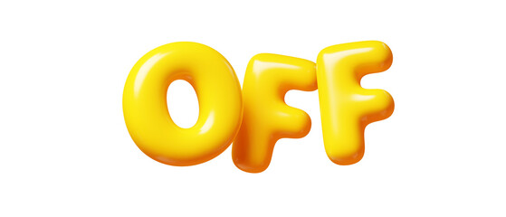 Off yellow Inflatable flying word for promotion design. 3D render illustration of sale and discount floating text design element. Balloon cartoon volumetric sign for special offer advertising.