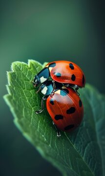 Two red ladybugs on a green leaf. AI.