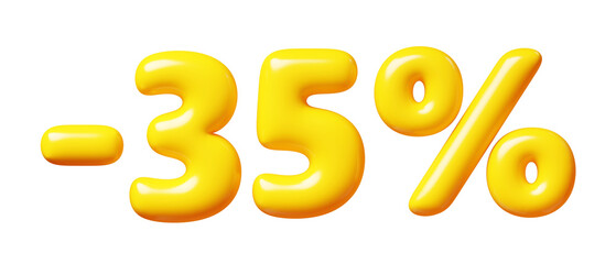 Balloon number minus thirty five percent sign for sale concept. 3d render illustration of yellow plastic glossy discount typography -35. Cartoon bubble element percentage off for special offer promo.