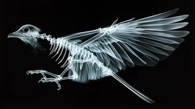 Xray of a birds skeleton with wings extended, displayed on a black background, emphasizing the unique bone structure of avian anatomy