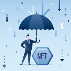 Money NFT token coin under umbrella. Business income protection. Protect your digital investment. Blockchain technology.