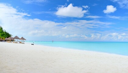 Naklejka premium beautiful beach with white sand, clear blue water, and palm trees in the background. picturesque beach panorama, endless white sand, turquoise waves lapping the shore, beneath a vast blue sky