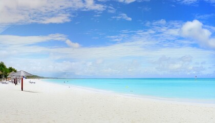 beautiful beach with white sand, clear blue water, and palm trees in the background. picturesque beach panorama, endless white sand, turquoise waves lapping the shore, beneath a vast blue sky