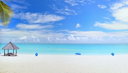 beautiful beach with white sand, clear blue water, and palm trees in the background. picturesque beach panorama, endless white sand, turquoise waves lapping the shore, beneath a vast blue sky