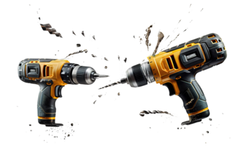 Shattered Dreams: Two Electric Drillers Split in Two on White or PNG Transparent Background.