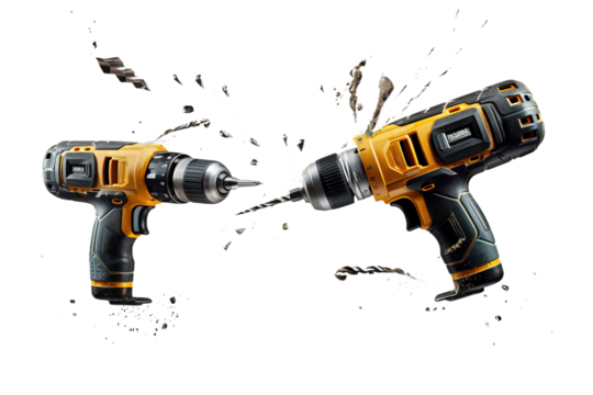 Shattered Dreams: Two Electric Drillers Split in Two on White or PNG Transparent Background.