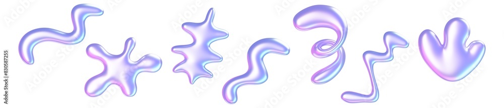 Poster holographic liquid y2k shape. 3d render illustration set of abstract fluid metal graphic objects of 