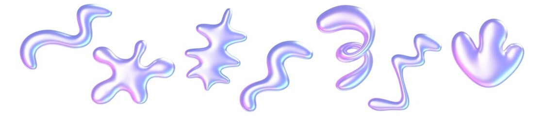 Holographic liquid y2k shape. 3d render illustration set of abstract fluid metal graphic objects of different inflatable forms with holography effect. Geometric chrome shiny glossy bubbles.